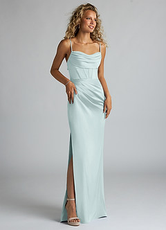 Azazie Mai Bridesmaid Dresses Mist Sheath Pleated Stretch Satin Dress image3