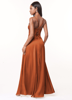 Azazie Maksim Bridesmaid Dresses Cinnamon A-Line V-Neck Stretch Satin Dress image2