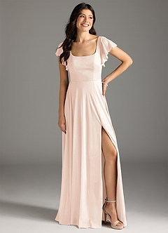 Azazie Bondi Bridesmaid Dresses Blushing Pink A-Line Ruched Mesh Dress image2
