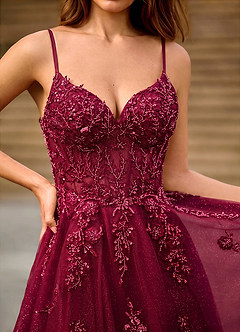 Milliener Burgundy Tulle Flowers Prom Dress image6