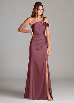 Azazie Wynter Bridesmaid Dresses Desert Rose Sheath One Shoulder Stretch Satin Dress image4