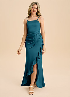 Azazie Buzzy Junior Robe Fourreau en Satin extensible Plissée Bleu Encre image5