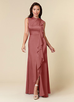Azazie Narine Abiti per la Madre della Sposa Abito A-Line in Raso Elasticizzato Scollo alto plissettato Rosa Antica image3