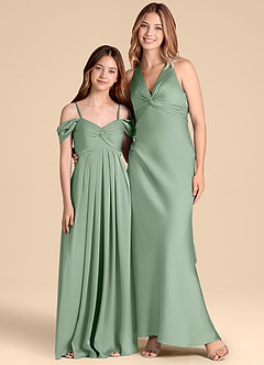 Azazie Kaitlynn Junior Abito A-Line in Raso Elasticizzato a Spalla Scoperta Matcha image3