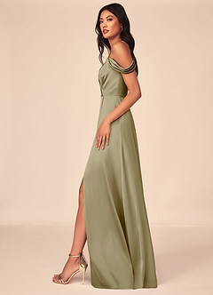 Azazie Ocean Bridesmaid Dresses Moss Green A-Line V-Neck Pleated Stretch Satin Dress image3