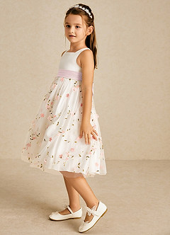 Azazie Pollie Flower Girl Dresses Blushing Pink Blushing Pink A-Line Bow Tulle Dress image4