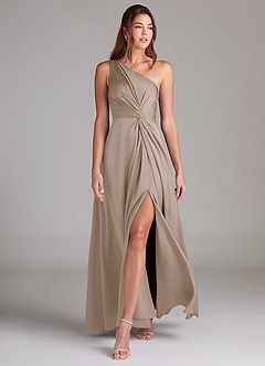 Azazie Brooke Bridesmaid Dresses Taupe A-Line One Shoulder Stretch Satin Dress image4