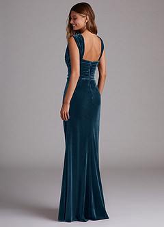 Azazie Genesis Vestidos de damas de honor Vestido de Topacio Azul de terciopelo de Corte Recto con Plisado image6
