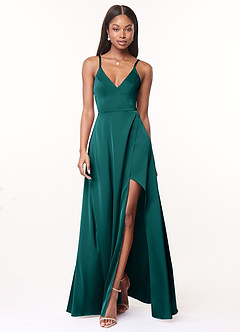Azazie Maksim Bridesmaid Dresses Peacock A-Line V-Neck Stretch Satin Dress image1