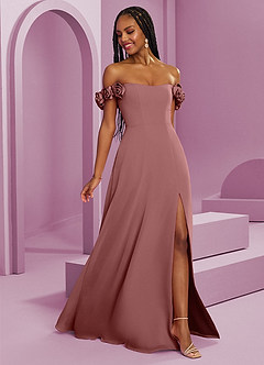 Barbie ♥ Azazie Suknie dla druhen Rozkloszowana szyfonowa sukienka z odkrytymi ramionami i kwiatowymi rozetkami image8