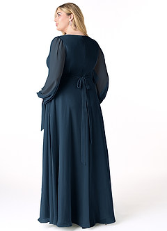 Azazie Leonia Robes de demoiselle d'honneur Robe Trapèze en Mousseline de soie Manches longues Bleu Marine Foncé image2