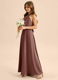 Azazie Beah Junior Espresso A-Line Pleated Stretch Satin Dress image7