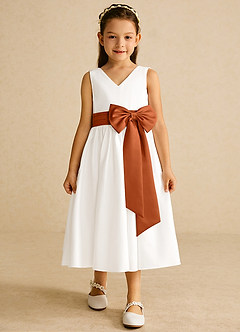 Azazie Darling Flower Girl Dresses Ivory Burnt Orange A-Line Bow Cotton Dress image4
