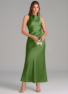 Azazie Evadne Vestidos de damas de honor Vestido de Albahaca de Satén Elástico de Corte Recto con Plisado image3