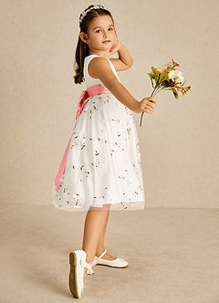 Azazie Pollie Flower Girl Dresses Ivory Coral A-Line Bow Tulle Dress image3