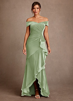 Azazie Billings Mother of the Bride Dresses Dusty Sage Mermaid Off the Shoulder Velvet Dress image1