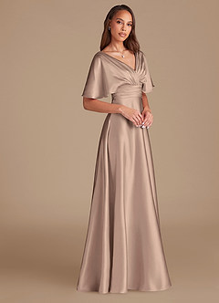 Azazie Pamela Bridesmaid Dresses Taupe A-Line Pleated Metallic Satin Dress image3