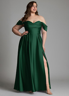 Azazie Loisa Bridesmaid Dresses Dark Green A-Line Off the Shoulder Stretch Satin Dress image13
