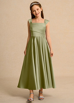 Azazie Bundle Girls Formal Flower Girl Dresses Moss Green A-Line Pleated Matte Satin Dress image1