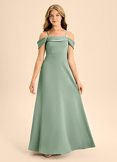 Azazie Anselie Junior Jurk van Stretch Satijn met A-Lijn Off the Shoulder Matcha image7