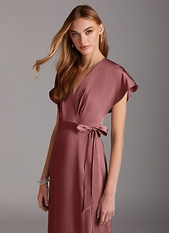 Azazie Nico Bridesmaid Dresses Amethyst A-Line V-Neck Stretch Satin Dress image6
