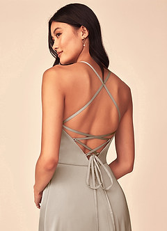 Azazie Mei Bridesmaid Dresses Frost A-Line V-Neck Stretch Satin Dress image3