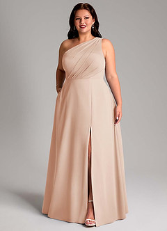 Azazie Phaedra Vestidos de damas de honor Vestido de Rosa Inglesa de Gasa de Corte en A con Hombro unilateral image10