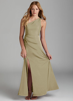 Azazie Maron Junior Moss Green A-Line Pleated Stretch Satin Dress image1