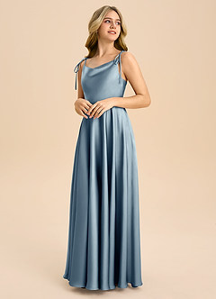 Azazie Popsy Junior Abito A-Line in Raso Elasticizzato Fiocco Blu Polveroso image4