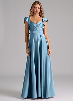 Azazie Leilani Bridesmaid Dresses Steel Blue A-Line Ruched Stretch Satin Dress image3