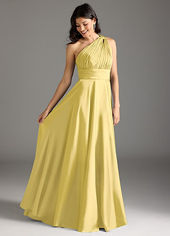 Azazie Charlize Bridesmaid Dresses Canary A-Line One Shoulder Stretch Satin Dress image2
