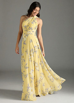 Azazie Charlize Bridesmaid Dresses Lemon Sorbet New Day Floral A-Line One Shoulder Chiffon Dress image1