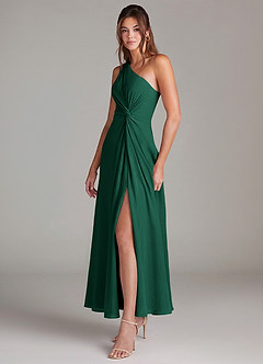 Azazie Brooke Bridesmaid Dresses Emerald A-Line One Shoulder Chiffon Dress image3