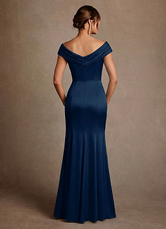 Azazie Aberdeen Mother of the Bride Dresses Dark Navy Sheath Pleated Stretch Satin Dress image2