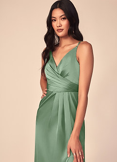 Azazie Aqua Vestidos de damas de honor Vestido de Matcha de Satén Elástico de Corte en A con Cuello en V plisado image6
