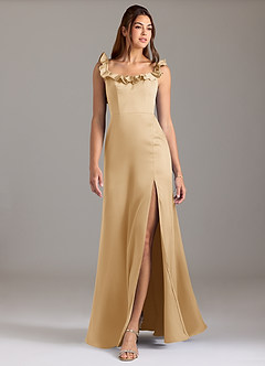 Azazie Callie Bridesmaid Dresses Gold A-Line Ruched Stretch Satin Convertible Dress image3