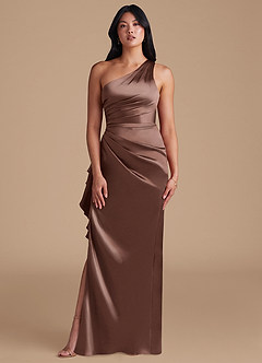 Azazie Latrice Bridesmaid Dresses Espresso Sheath One Shoulder Metallic Satin Dress image2
