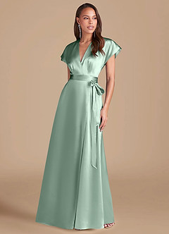 Azazie Nico Bridesmaid Dresses Agave A-Line Pleated Metallic Satin Dress image1