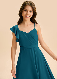 Azazie Kelsea Junior Vestido de Azul Tinta de Gasa de Corte en A con Volante image7