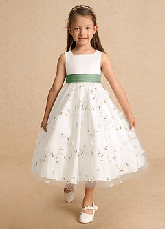Azazie Pollie Flower Girl Dresses Ivory Matcha A-Line Bow Tulle Dress image10