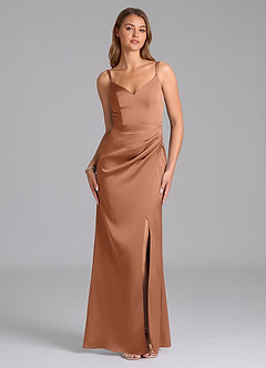 Azazie Leo Final Sale Bronzer Sheath Pleated Stretch Satin Dress image1