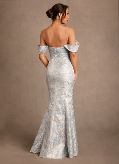Azazie Nettie At-home Try On Dresses Dusty Blue Mermaid Off the Shoulder Jacquard Dress image3