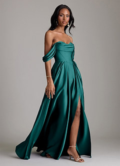 Azazie Loisa Abiti da Damigella Abito A-Line in Raso Elasticizzato a Spalla Scoperta Verde Pavone image6