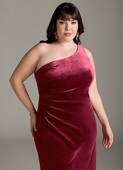 Azazie Argan Bridesmaid Dresses Burgundy Mermaid One Shoulder Pleated Velvet Dress image13