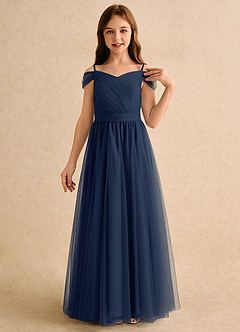 Azazie Yuna Girls Formal Flower Girl Dresses Dark Navy A-Line Off the Shoulder Tulle Dress image6
