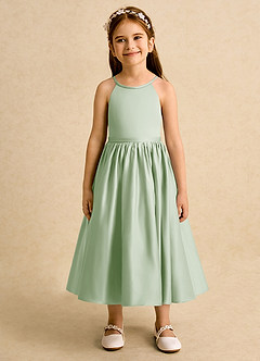 Azazie Indi Flower Girl Dresses Dusty Sage A-Line Bow Matte Satin Dress image6