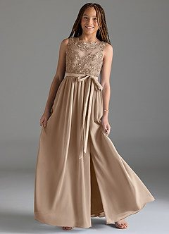 Azazie Elly Junior Taupe A-Line Lace Chiffon Dress image1