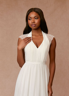 Azazie Cersei At-home Try On Dresses Diamond White A-Line Pleated Chiffon Dress image5