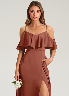 Azazie Jean Bridesmaid Dresses Auburn A-Line Off the Shoulder Stretch Satin Dress image6