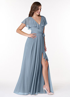Azazie Jael Robes de demoiselle d'honneur Robe Trapèze en Maille Col en V Bleu Poussiéreux image4